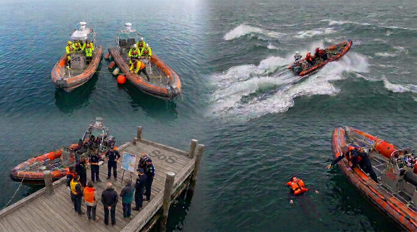 Aerial views of rescue boat training: side-tow practice, heavy weather handling, dockside instruction and a man-overboard recovery