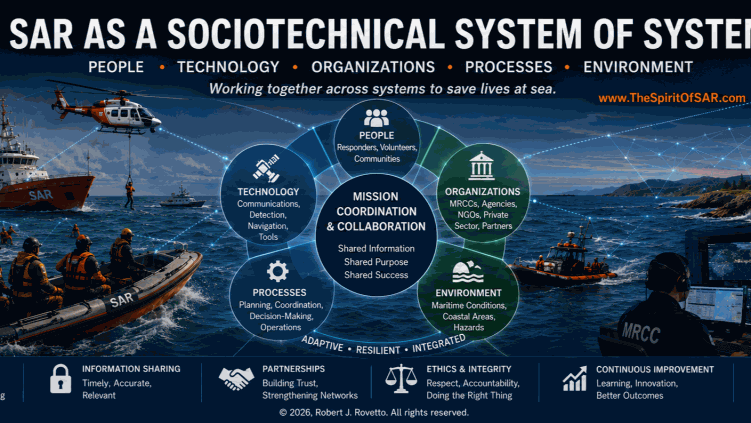 Infographic: SAR as a sociotechnical system of systems — people, technology, organisations, processes and environment.
