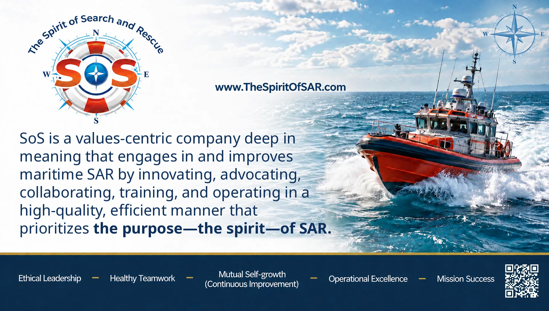 The Spirit of Search and Rescue (SoS): a values-centric maritime SAR company. Ethical Leadership — Healthy Teamwork — Mutual Self-growth (Continuous Improvement) — Operational Excellence — Mission Success.