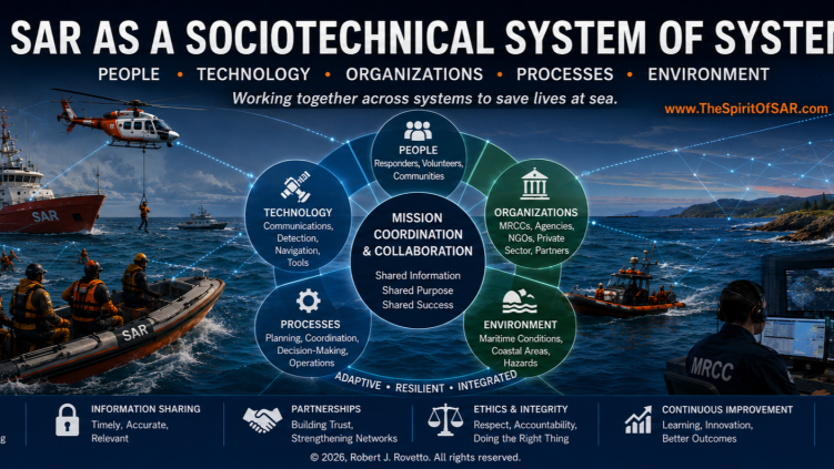 Infographic: SAR as a sociotechnical system of systems — people, technology, organisations, processes and environment.