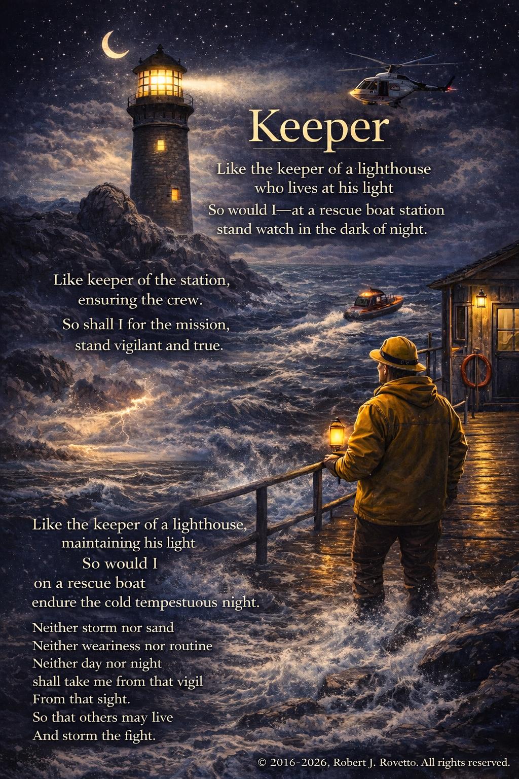 Illustrated poster of the poem Keeper — a lighthouse, a rescue boat and a keeper standing watch on a storm-lit night