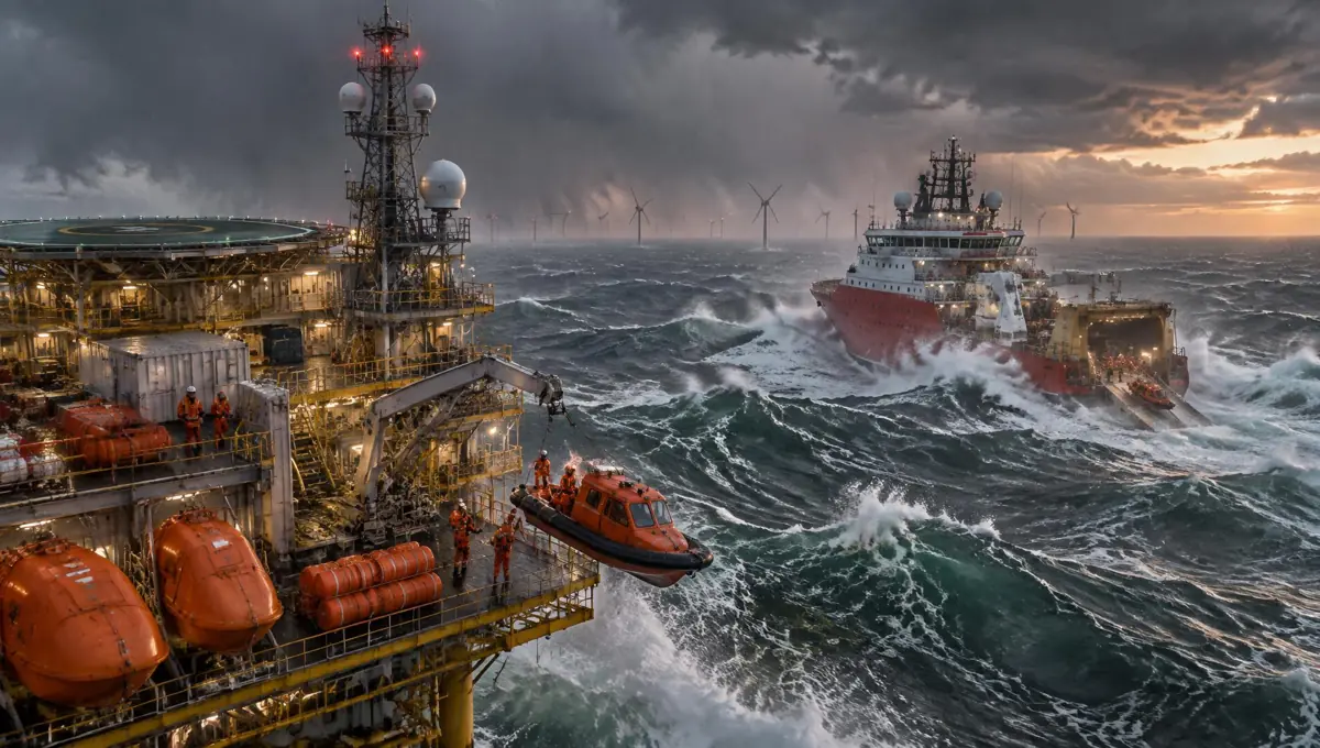An offshore platform launching its own rescue boat while a rescue mothership approaches through heavy seas