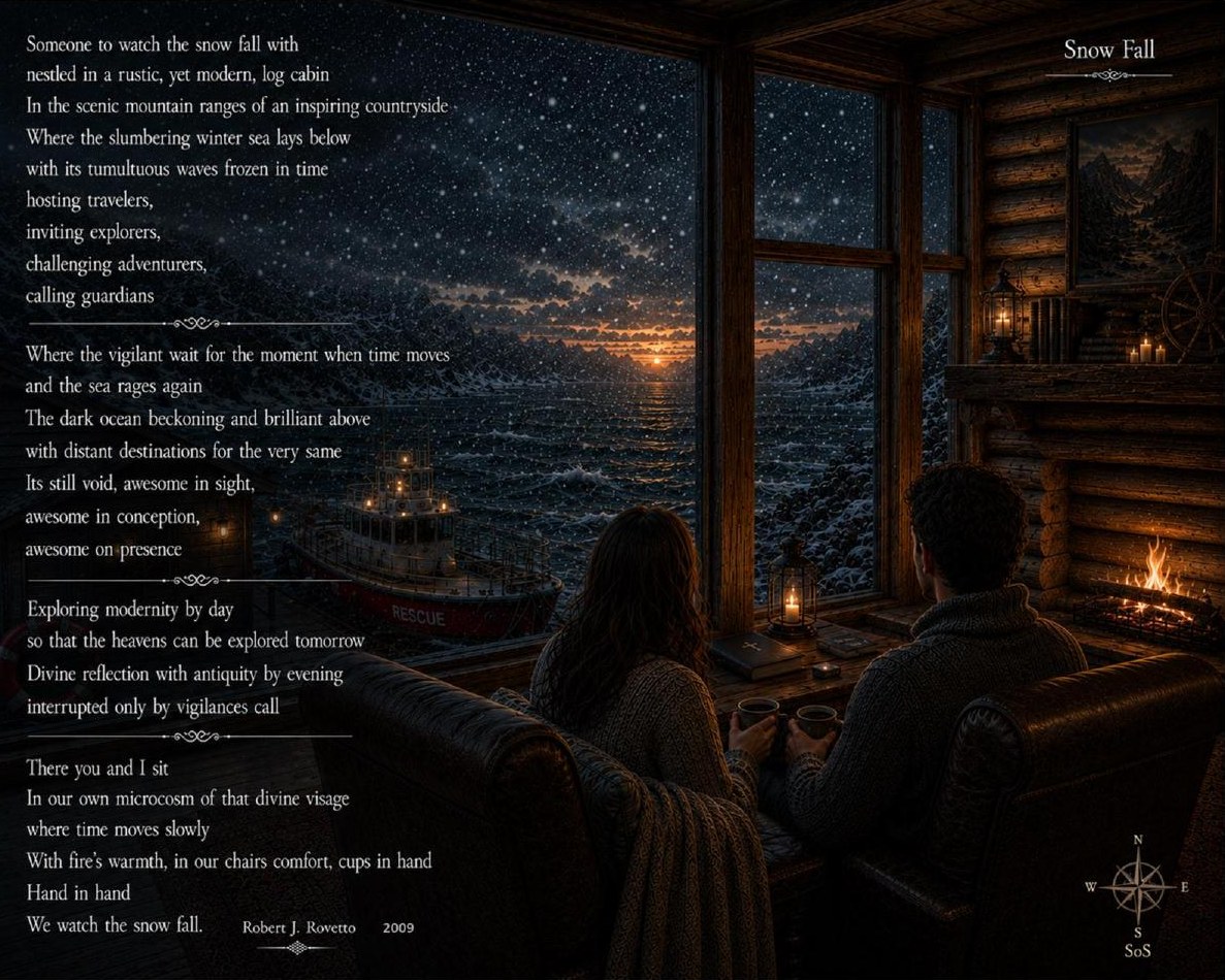 Illustrated poster of the poem Snow Fall — two people seated by a fire in a log cabin, watching snow fall over a dark winter sea with a rescue boat at anchor
